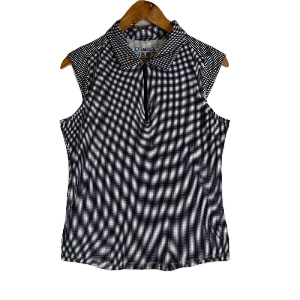 IBKUL Womens Black White Gingham Sleeveless 1/4 Zip Golf Polo Top Size M UPF50